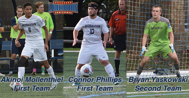 Akinori Mollenthiel '19, Connor Phillips '18 and Bryan Yaskowski '18 named to the 2017 Landmark Men's Soccer All-Conference Teams.
