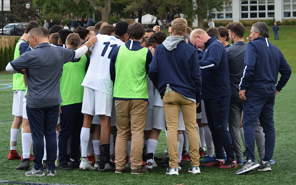 The Greyhounds get their final instructions before a Landmark Conference match versus The Catholic University of America on John Makuvek Field during Homecoming and Senior Day.
