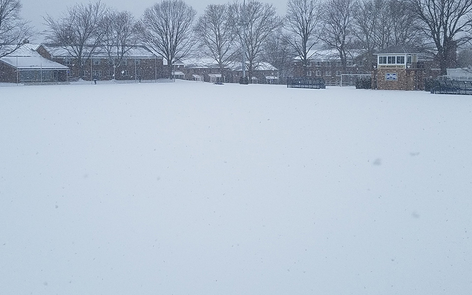 John Makuvek Field covered in snow during March 2018.