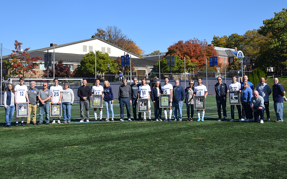 The men's soccer seniors and their families were honored prior to the Greyhounds' match with The Catholic University of America on John Makuvek Field. Photo by Avery Saladino '24