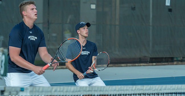Christopher Csencsits '20 and Mason Hudnall '21 in doubles action on Hoffman Courts during the 2017 fall season.