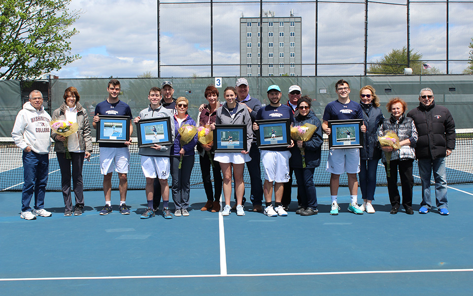 Seniors Luke Peterson, Peter Demyan, Kate Rennar, Austin Grace and Isaac Schefer with the parents before the start of the Senior Day match versus Drew University on Hoffman Courts.
