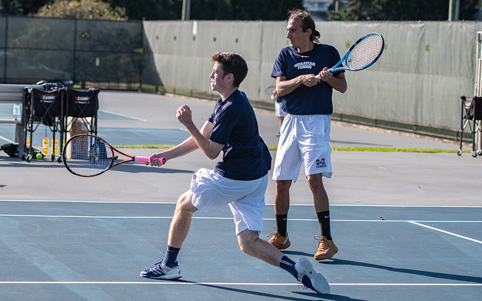 Senior Peter Demyan and freshman Daniel Salimnejad compete in doubles action versus FDU-Florham on Hoffman Courts during the 2018 fall portion of the season.