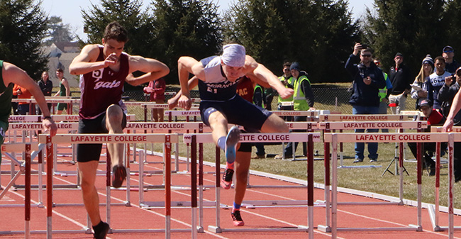 John Spirk '19 clears the final hurdles in the 110-meter high hurdles at the Lafayette College 8-Way Meet.