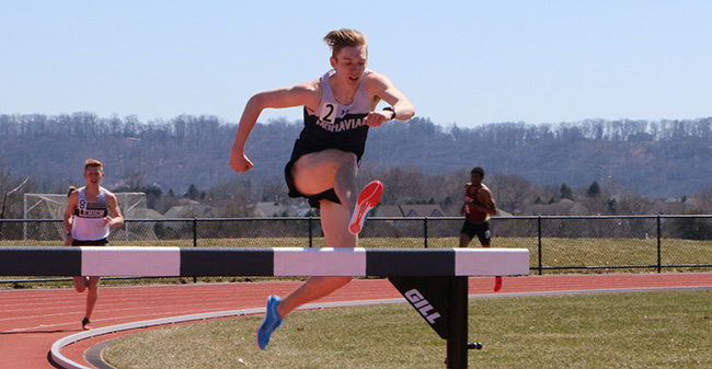 Greg Jaindl '20 competes in the steeplechase at the Lafayette 8-Way Meet in March.