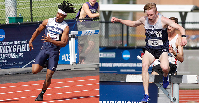 Zion Howard '21 and Greg Jaindl '20 compete on the opening day of the 2018 NCAA DIII Outdoor National Championships. Photos by D3photography.com