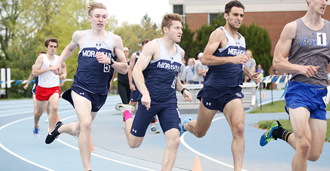 Greg Jaindl '20, Andrew Mitchell '18 and Devon Harris '19 run in the 1,500 meters at the 2018 Landmark Conference Outdoor Championship. Photo courtesy of Elizabethtown College Athletic Communications.