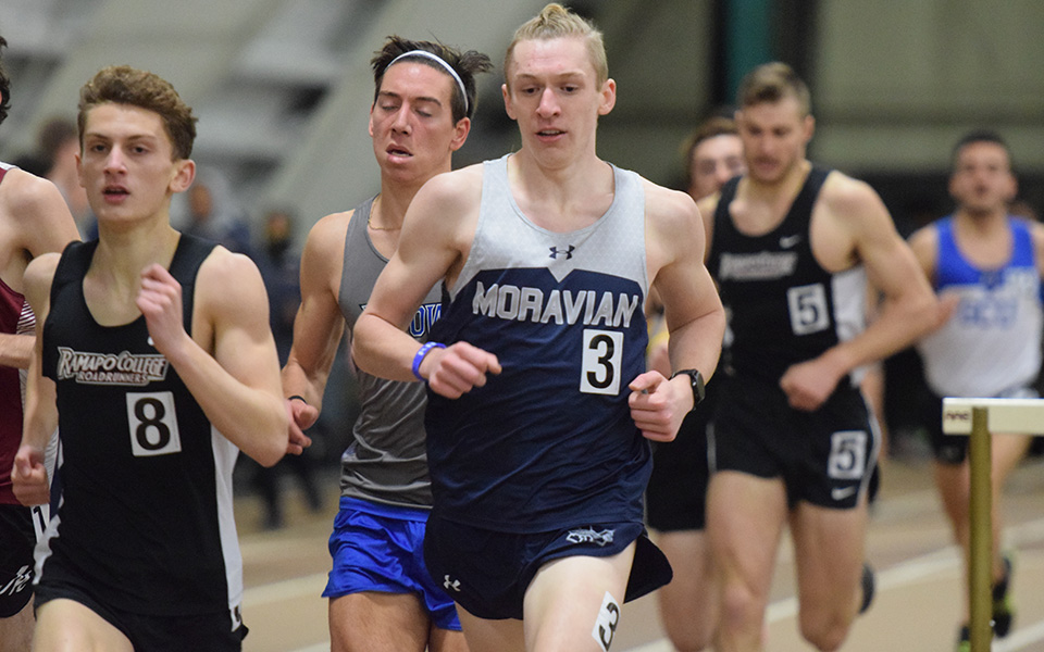 Junior Greg Jaindl runs a personal best in the mile at the Moravian Indoor Invitational at Lehigh University's Rauch Fieldhouse.