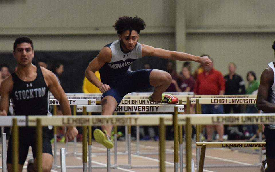 Junior Nicholas Cephas competes in the hurdles during the Moravian Indoor Invitational at Lehigh University.