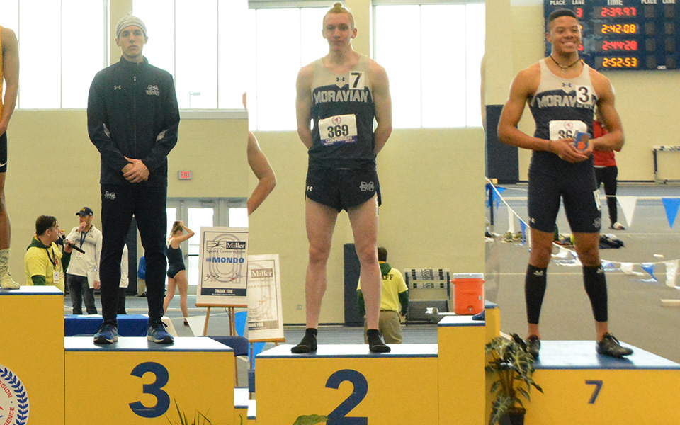 John Spirk, Greg Jaindl and Justin Beasley-Turner on the podium with top eight finishes at the 2019 All-Atlantic Region Indoor Track & Field Championships at Ithaca College.
