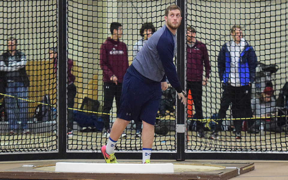 Shane Mastro warms up for the shot put during the Moravian Indoor Meet at Rauch Fieldhouse in January 2019.