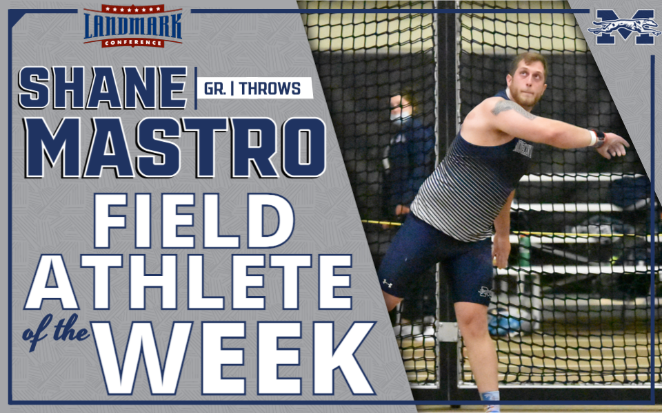 Shane Mastro competing in the shot put for Landmark Conference Athlete of the Week graphic