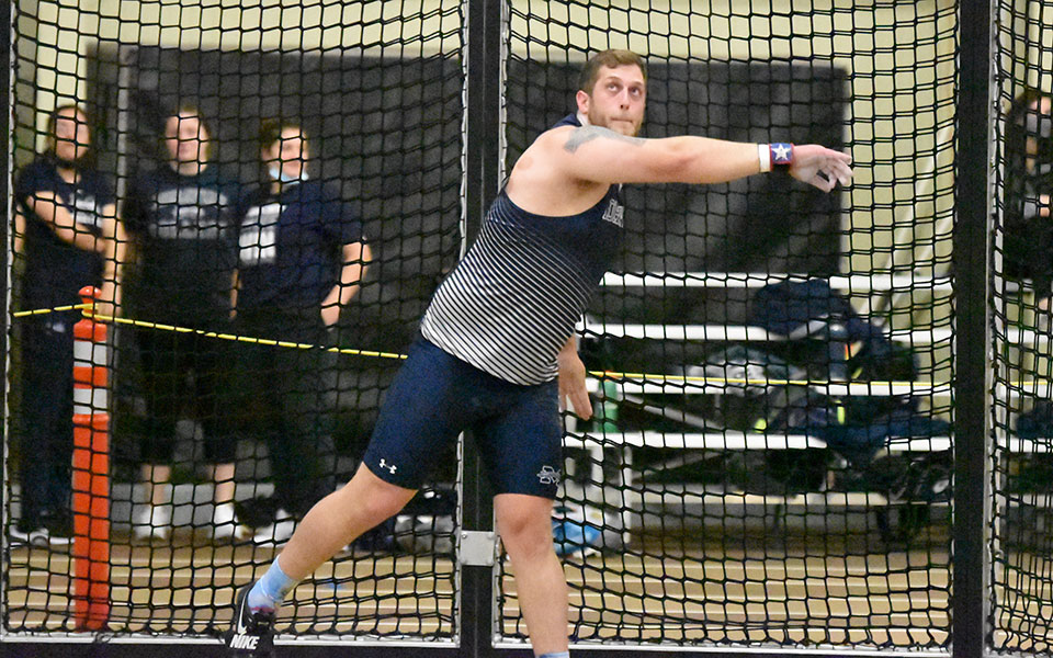 Graduate student Shane Mastro competes in the shot put during the Lehigh University Fast Times Before Finals Meet in Rauch Fieldhouse in December 2021.