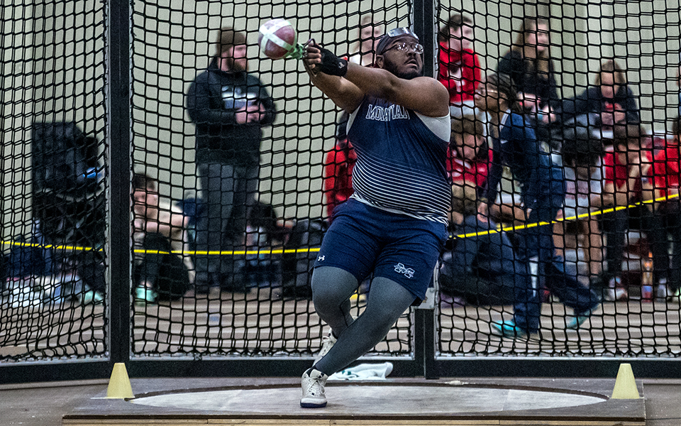 Graduate student Tim King competes in the 35-pound weight throw during the Moravian Indoor Meet at Lehigh University's Rauch Fieldhouse earlier this season. Photo by Cosmic Fox Media / Matthew Levine '11
