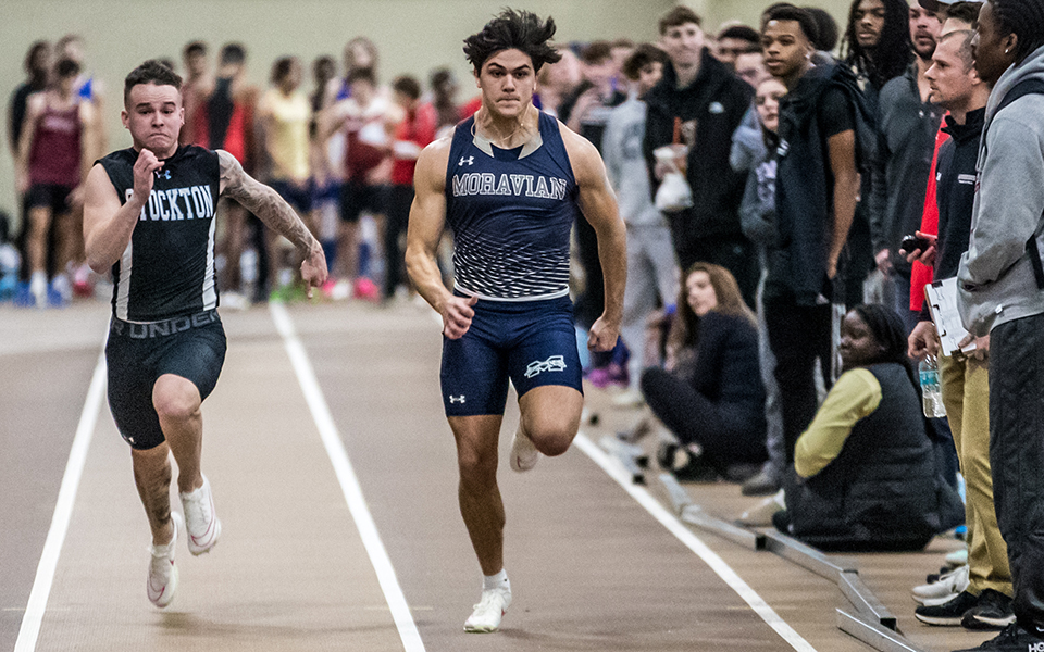Sophomore Jacob Fenstermaker runs the 60-meter dash during the Moravian Indoor Meet at Lehigh University's Rauch Field House. Photo by Cosmic Fox Media / Matthew Levine '11