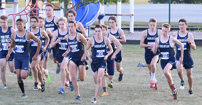 The Greyhounds take off from the starting line at the 2016 Moravian Invitational at Bicentennial Park.