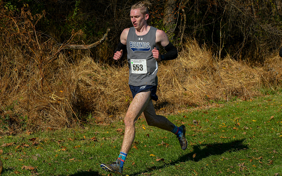 Greg Jaindl races at the 2018 NCAA Division III Mideast Regional at DeSales University as he earned his second straight All-Region finish. Photo courtesy of DeSales University.