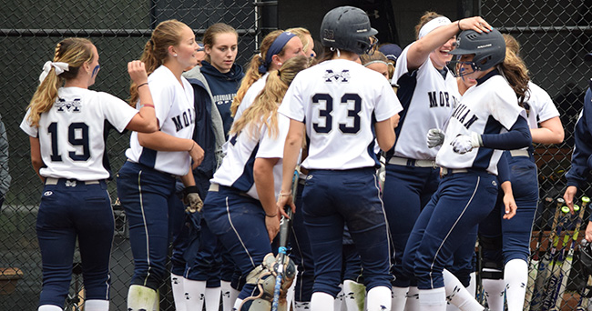 The Greyhounds celebrate a home run by Lauren Goetz '20 during the 2017 season at Blue & Grey Field.