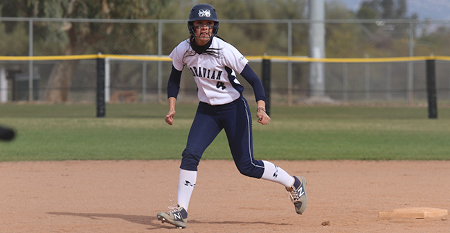 Kat Spilman '19 leads away from second base in a game versus Husson (Maine) University at the Tucson Invitational.