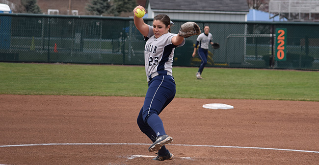 Josie Novak '18 delivers a pitch to the plate in her one-hit shutout of Elizabethtown College at Blue & Grey Field.