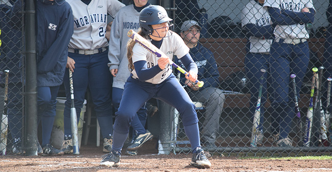 Julia DeMarco '19 looks to put down a bunt in the first game of a doubleheader versus Eastern University.