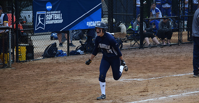 Brooke Wehr '21 celebrates on her way to home plate after a go-ahead home run in the sixth inning of a win over The College of New Jersey in the NCAA DIII Ewing, N.J. Regional.