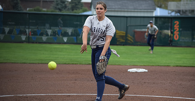 Josie Novak '18 throws a pitch during the first game of the Landmark Conference Tournament opener versus The Catholic University of America at Blue & Grey Field.