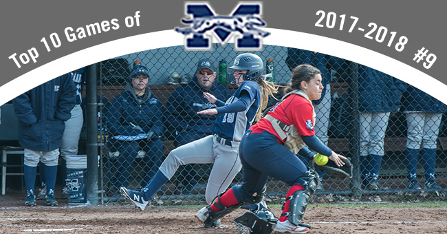 Kaela Kane '19 slides across home plate in the No. 9 contest, a 3-2 win over DeSales in the Top 20 Exciting Games of 2017-18.
