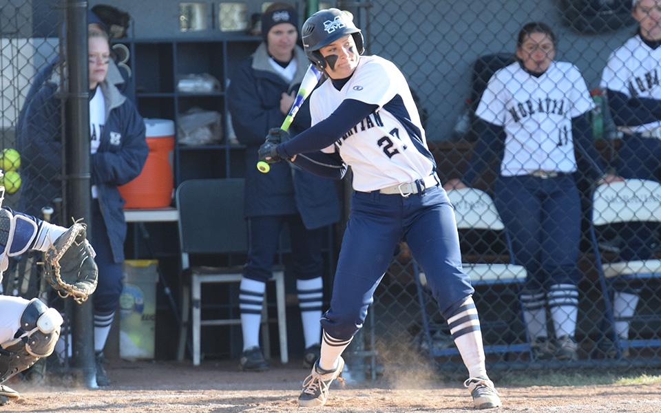 Sophomore Brooke Wehr swings at a pitch versus Penn State Berks at Blue & Grey Field.