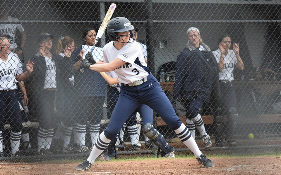 Junior Lauren Goetz waits to swing at a pitch versus The Catholic University of America in the Landmark Conference Tournament at Blue & Grey Field.