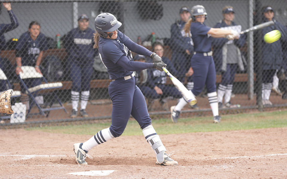 Sophomore Brooke Wehr connects on a home run in the first game of a non-conference doubleheader versus Eastern University at Blue & Grey Field. Photo courtesy of Eastern University Athletic Communications.