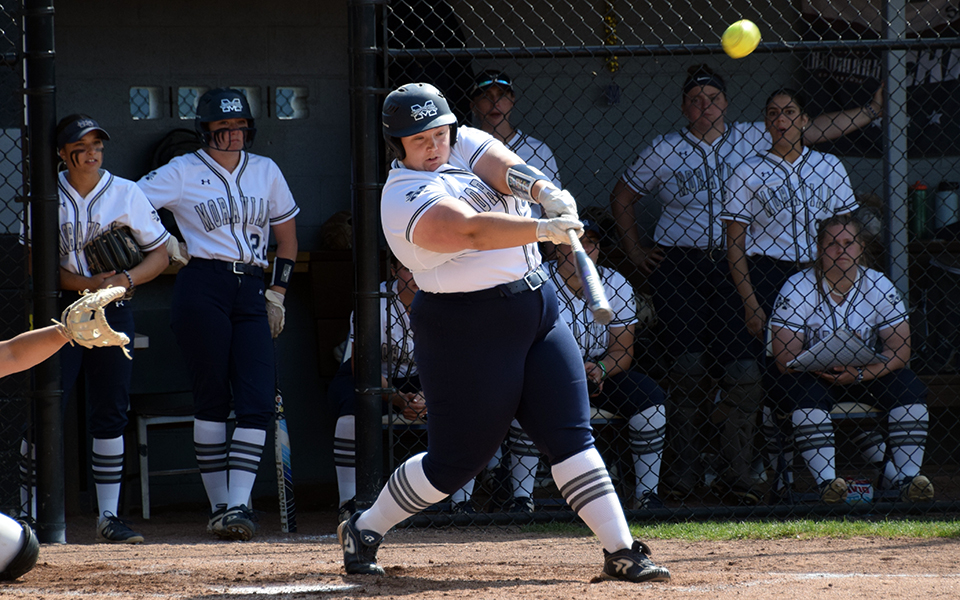 Senior designated player Emily Silberman connects on a grand slam in the first inning of the opener versus Arcadia University in a non-conference doubleheader at Blue & Grey Field. Photo by Anika Buzzy '25