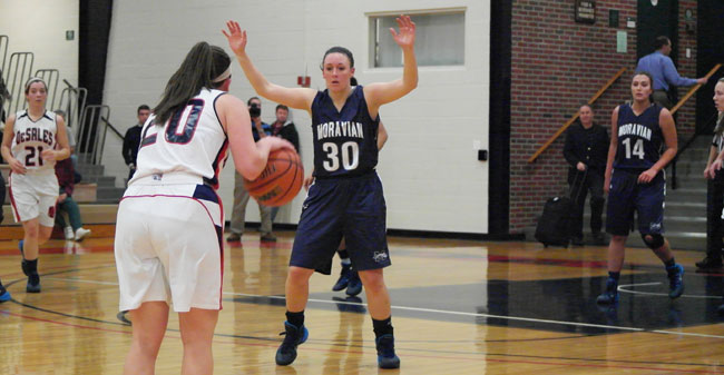 Senior guard Danielle Brogan scored a career-high 26 points in Moravian's 69-60 victory over DeSales University on Tuesday.