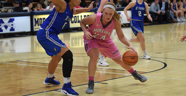 Trista Cunningham '18 makes a move to the basket versus Elizabethtown College.