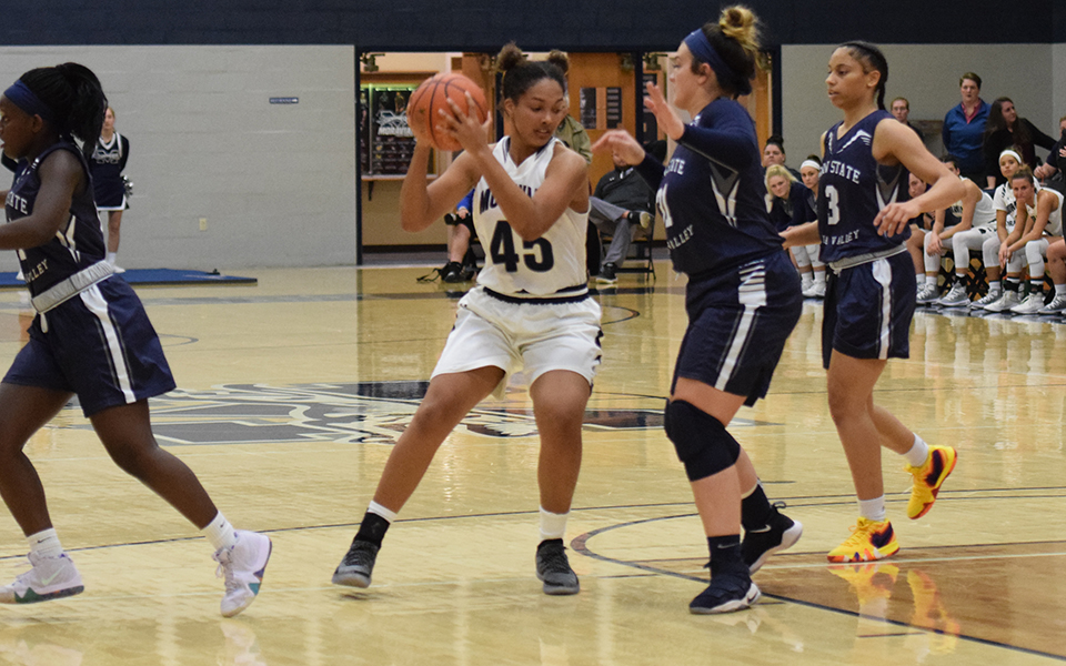 Nadine Ewald looks to drive to the basket versus Penn State Lehigh Valley.