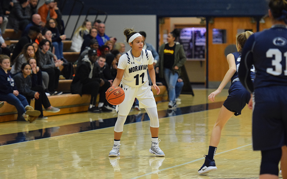 Senior guard Tyis Mullen sets up the offense in a game versus Penn State Lehigh Valley in Johnston Hall in November 2018.