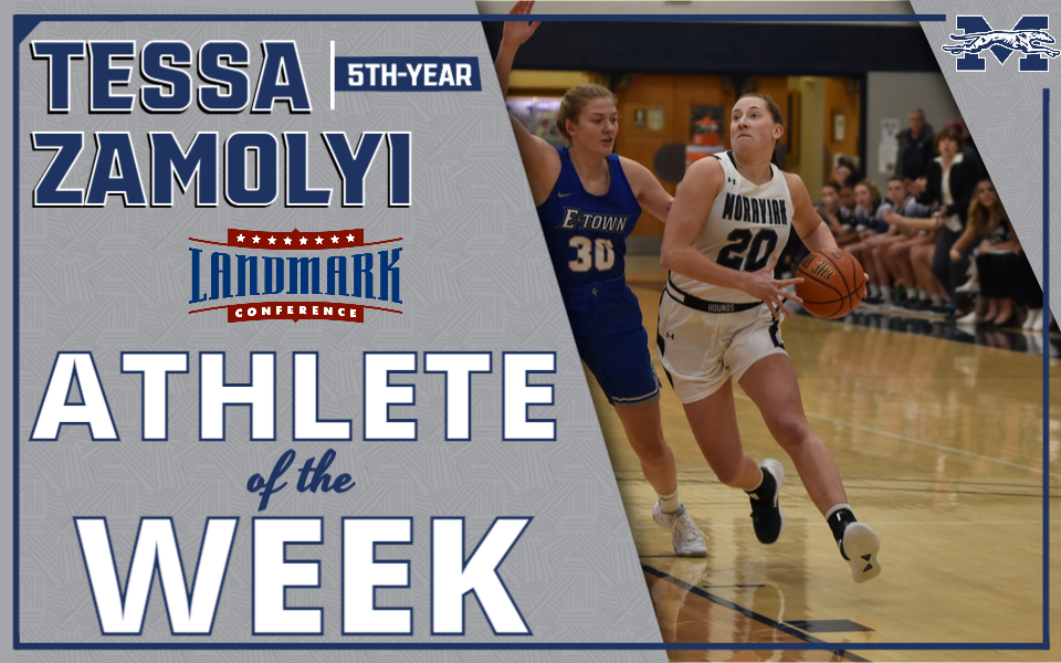 Tessa Zamolyi drives to the basket against Elizabethtown College in her Landmark Conference Athlete of the Week graphic