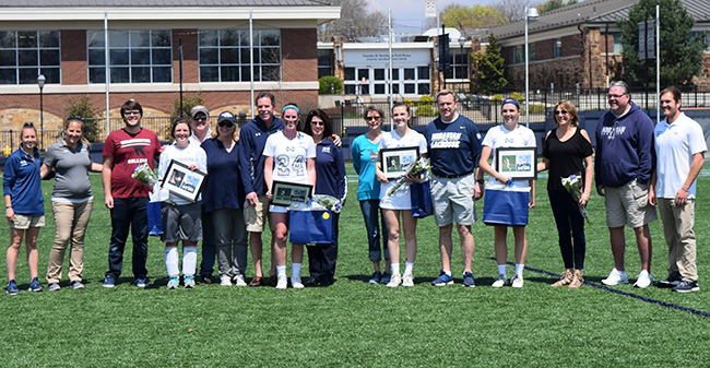Seniors Elisabeth Pontius, Kristen Baxter, Alexis Kersten and Kyleigh McGovern were honored prior to the start of the Greyhounds' match with Goucher College on John Makuvek Field.