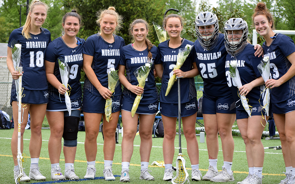 Prior to the season finale at Goucher College, the Gophers recognized Moravian's six senior and two graduate students as part of Goucher's Senior Day. Photo courtesy of Goucher College Athletic Communications