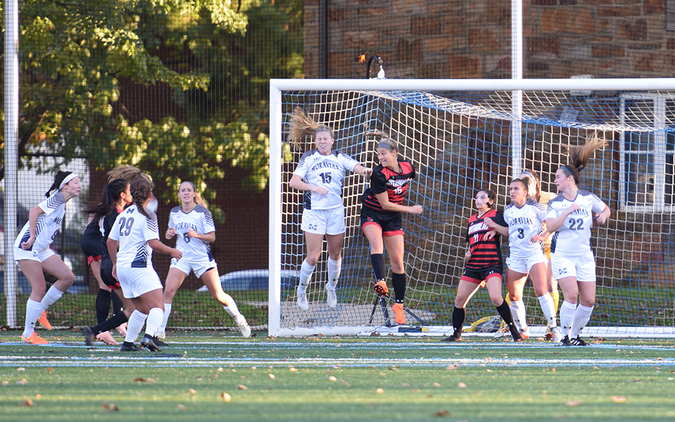 The Greyhounds defend a corner kick in a Landmark Conference match versus The Catholic University of America on John Makuvek Field during the 2018 season.