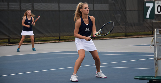 Brooke Adams '21 and Mary Angle '21 compete in doubles in a match versus Lafayette College on Hoffman Courts in October 2017.