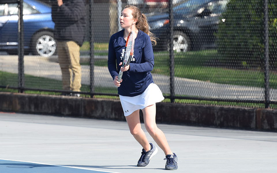 Sophomore Mary Angle gets ready to return a shot in singles action versus Neumann University at Hoffman Courts.