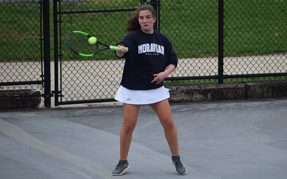 Freshman Hannah Pellicciotti returns a shot during singles action versus Eastern University on Hoffman Courts.