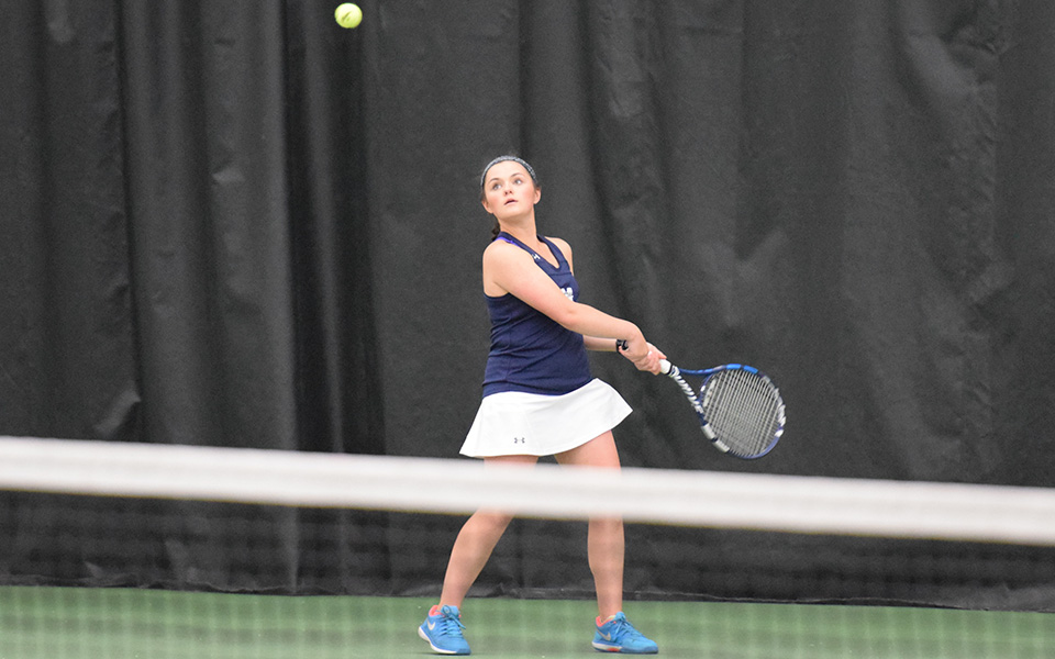 Junior Lauren Steinert returns a shot during the Landmark Conference Semifinals versus Goucher College at Lehigh University's Lewis Tennis Center.