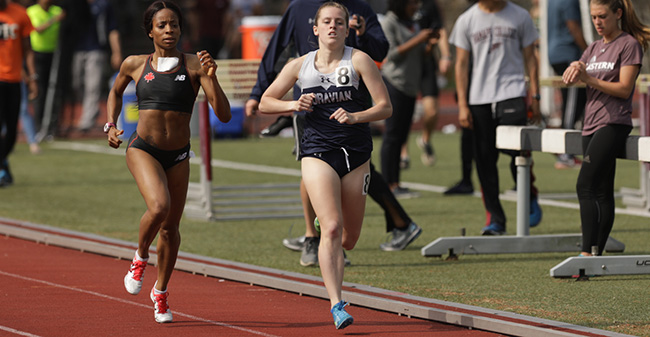 Carly Danoksi '20 runs in the 800-meter run at the Swarthmore College Final qualifier. Photo courtesy of Eastern University Athletic Communications.
