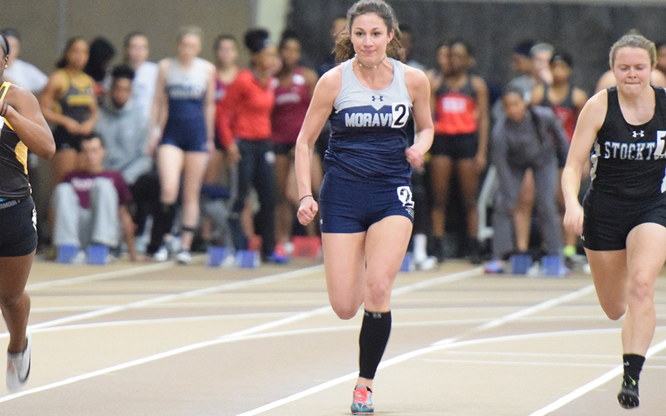Sophomore Morgan Weaver runs in the 60-meter dash at the Lehigh University Fast Times Before Finals.