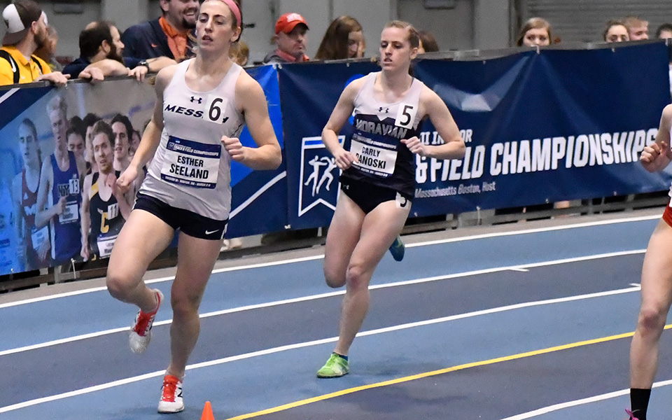 Junior Carly Danoski runs in the 800-meter preliminaries at the 2019 NCAA Division III Indoor National Championships at the Reggie Lewis Track and Athletic Center in Boston. Photo by d3photography.com