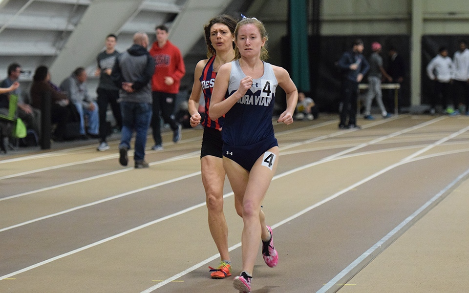 Sophomore Natalie Novotni runs at the Moravian Indoor Invitational at Lehigh University this past January.