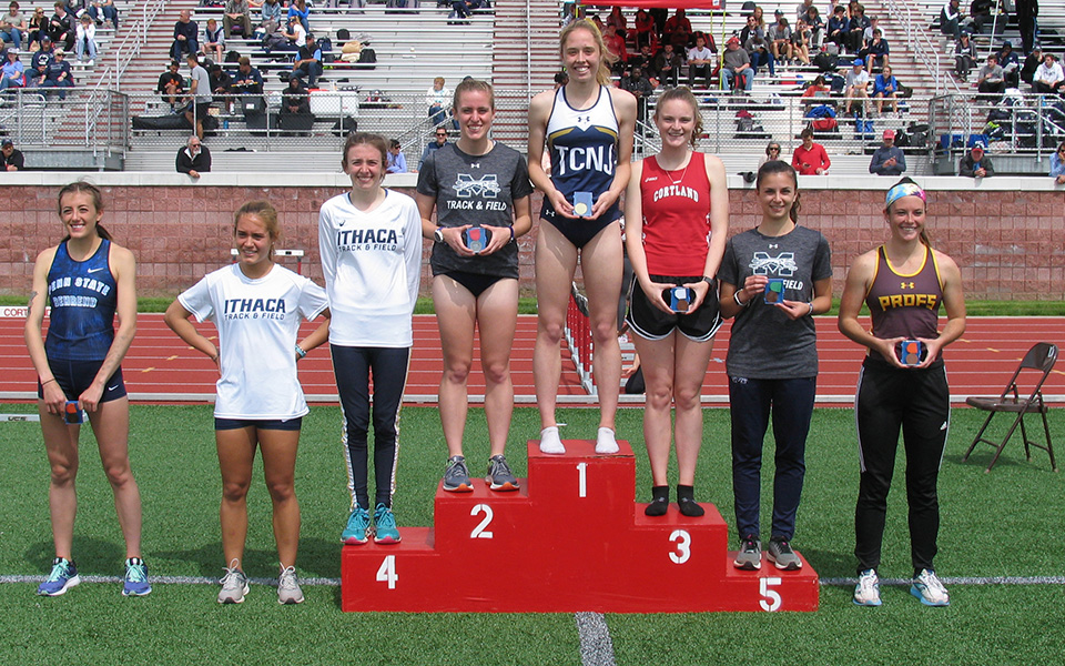 Junior Carly Danoski (2nd) and freshman Natalie Stabilito (5th) on the podium in the 800-meter run at the 2019 All-Atlantic Region Championships hosted by SUNY Cortland. Photo courtesy of SUNY Cortland Athletic Communications.
