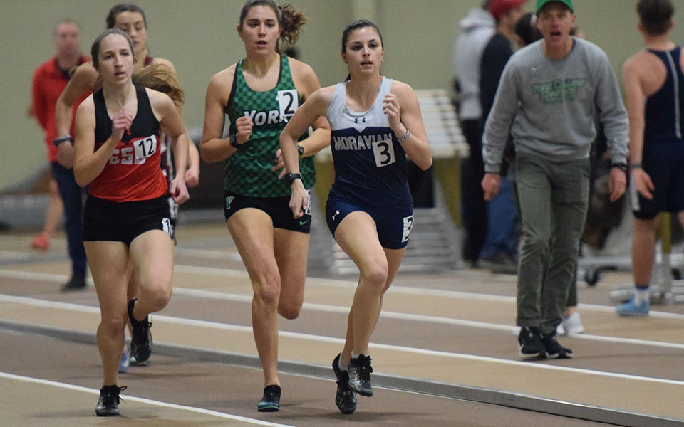 Sophomore Natalie Stabilito runs during the Moravian Indoor Meet at Lehigh University's Rauch Field House.